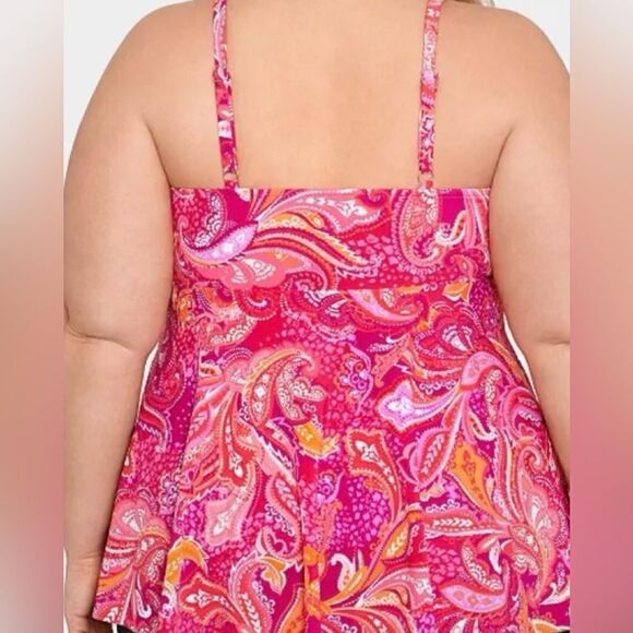 🛍️Swim Solution Plus Size Printed V- Neck Tankini Swimwear Fuschia pink Top 18W - Picture 2 of 10